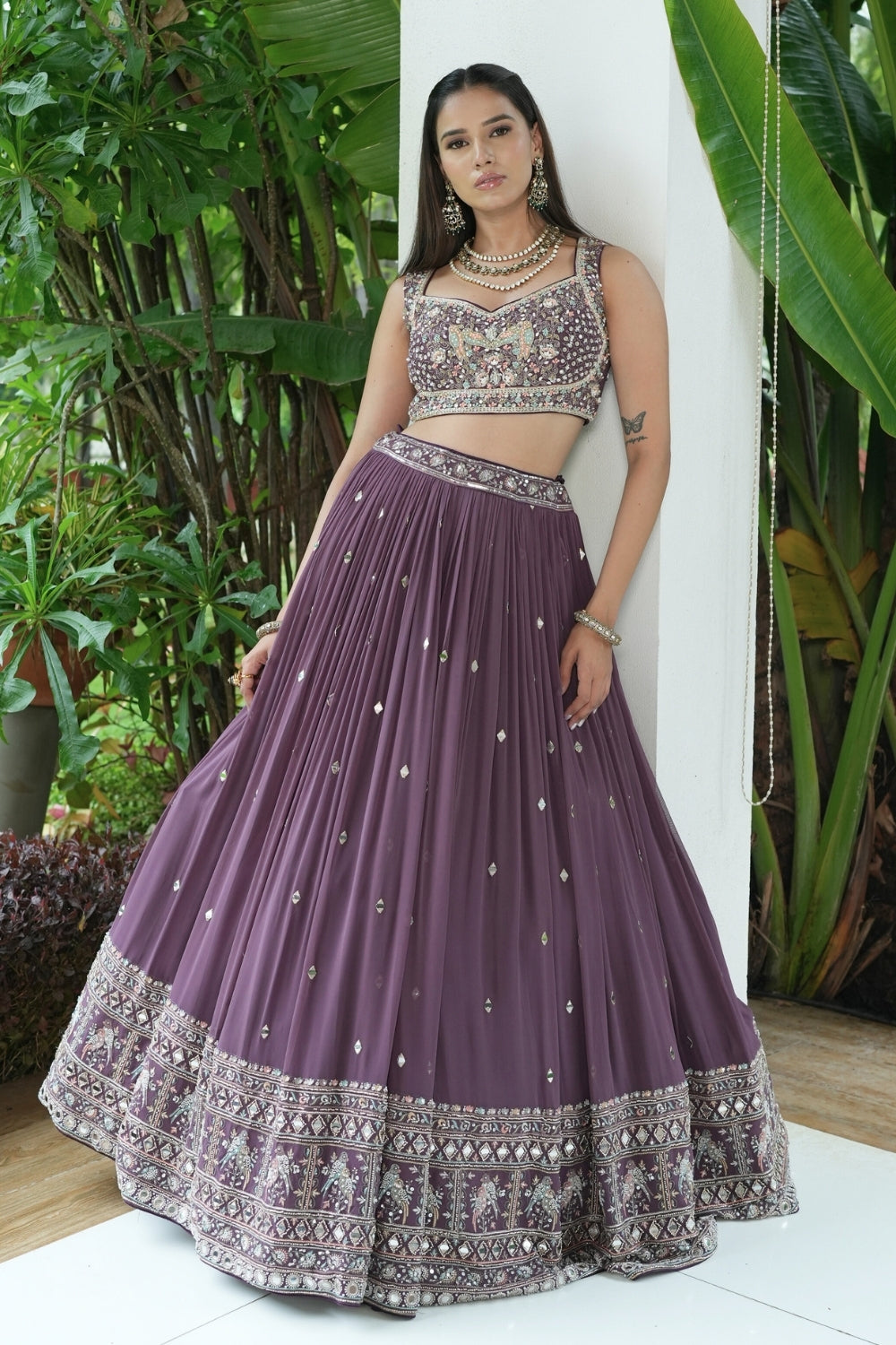 Wine Georgette Lehenga Set with Zardosi and Moti Work