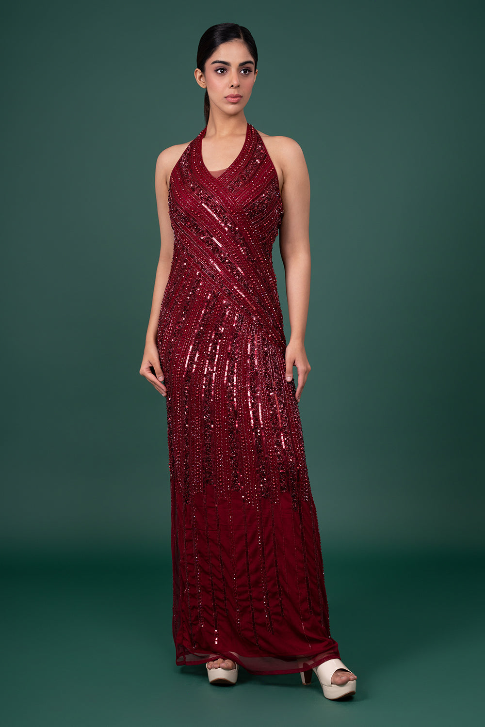 Wine Halter Neck Net Gown with Diagonal Sequin and Bead-Work Embellishments