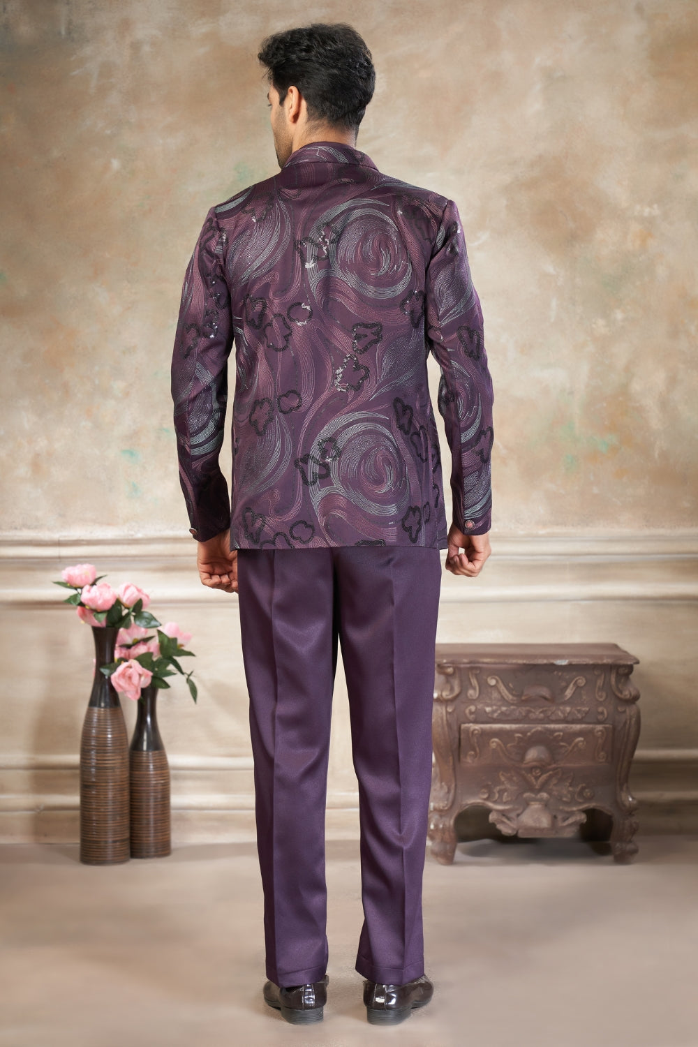 Wine Imported Jodhpuri Set with Embroidery and Sequins Work