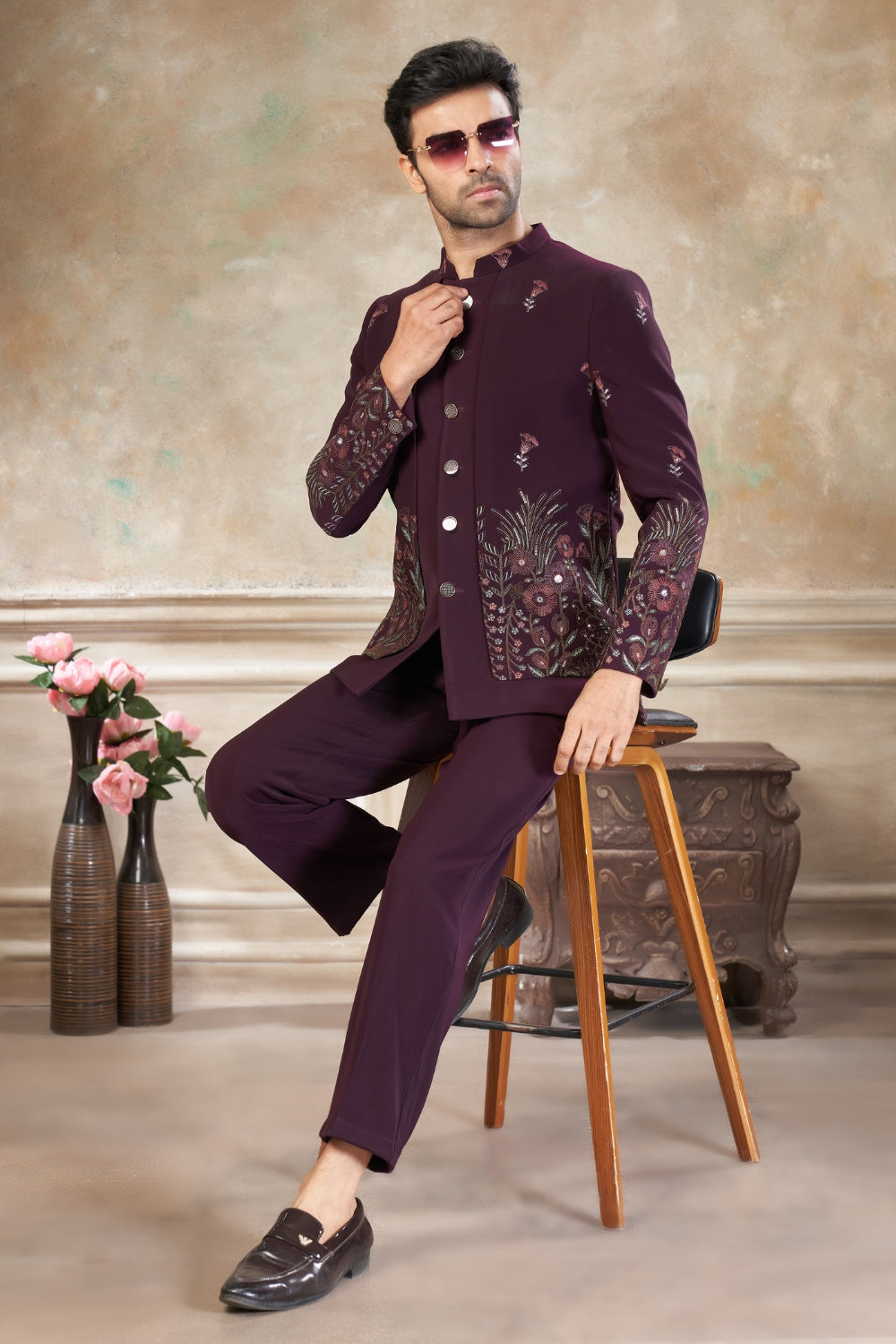 Wine Imported Jodhpuri Set with Embroidery and Sequins Work