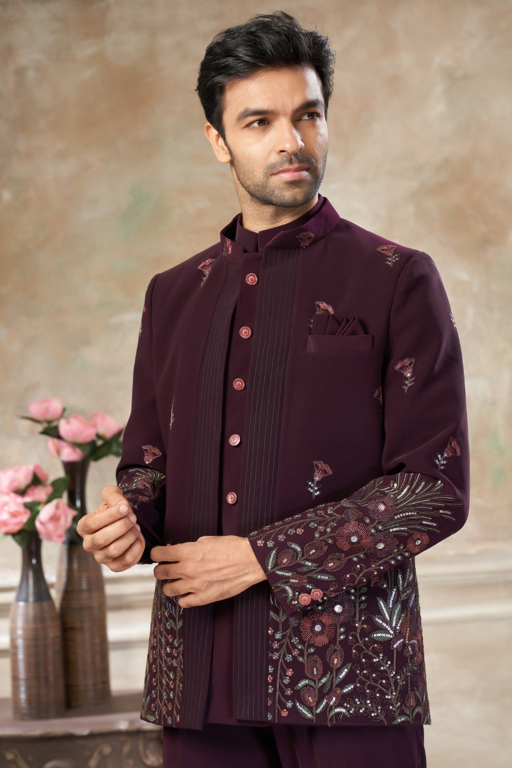 Imported Jodhpuri Set with Embroidery and Sequins Work