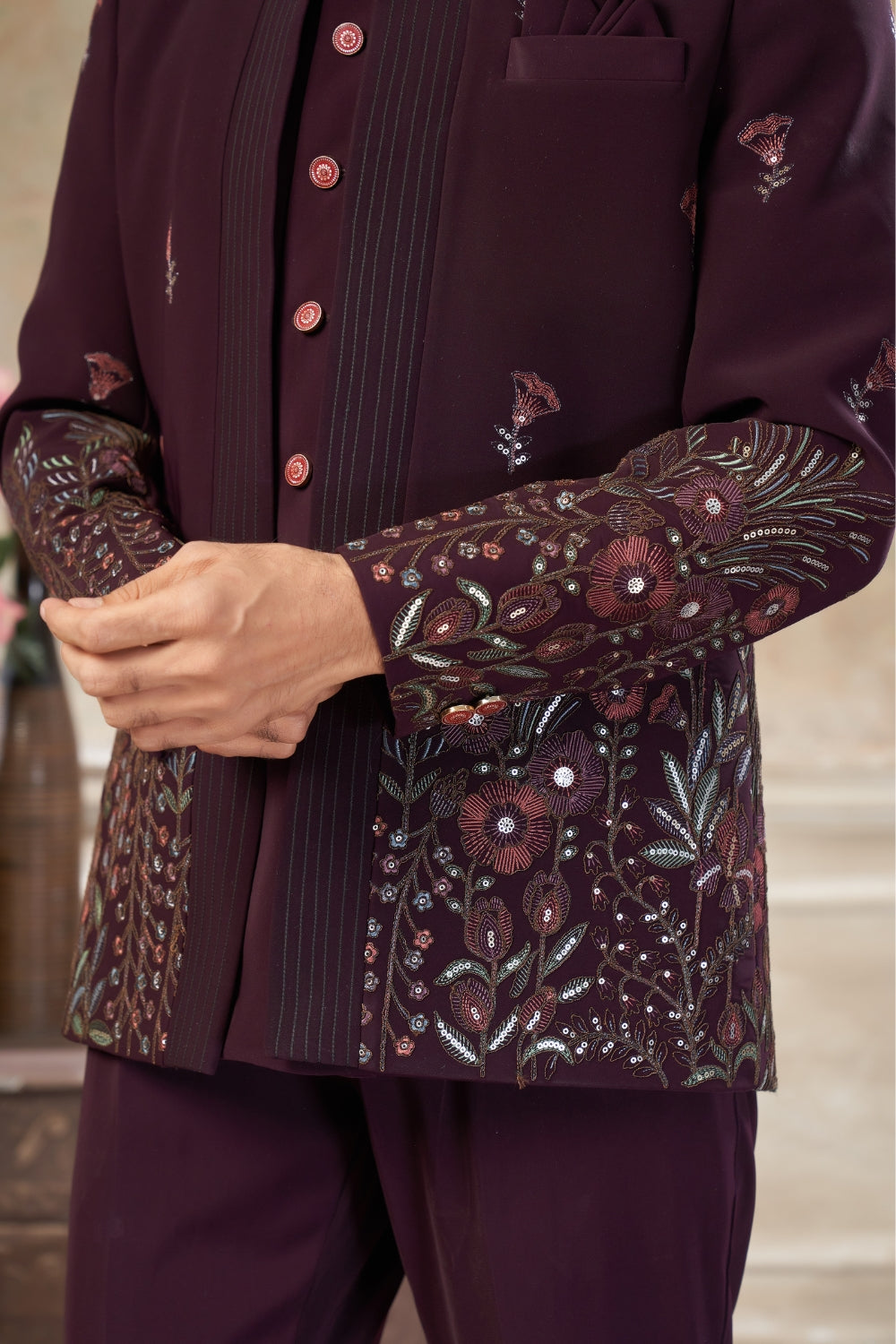 Imported Jodhpuri Set with Embroidery and Sequins Work