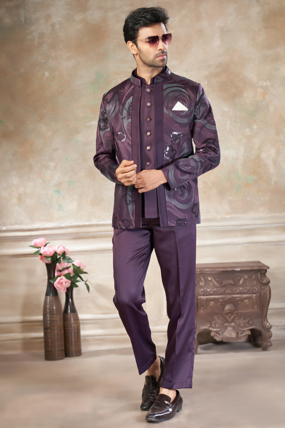 Wine Imported Jodhpuri Set with Embroidery and Sequins Work