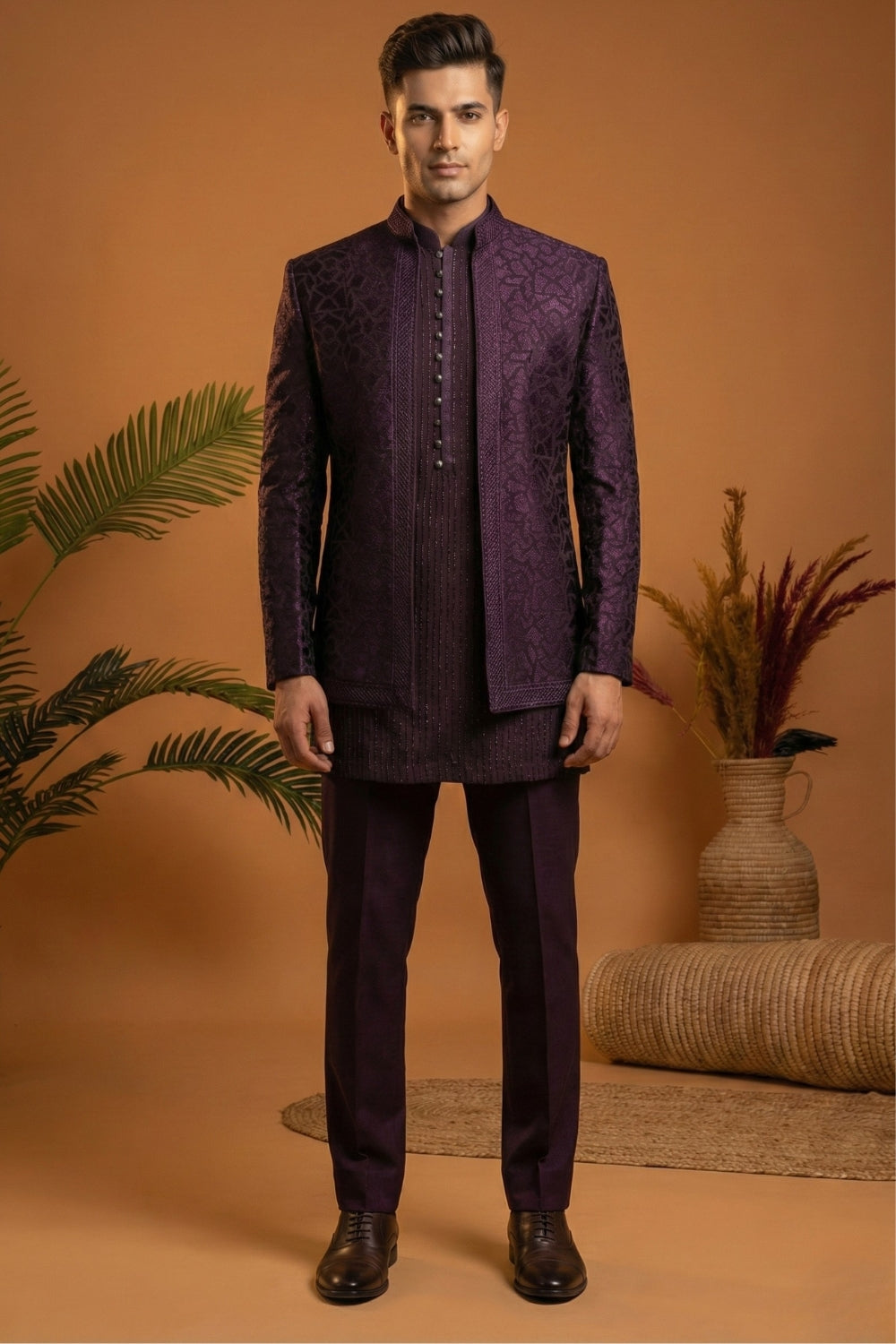 Wine Imported Jodhpuri Set with Sequins and Embroidery Work