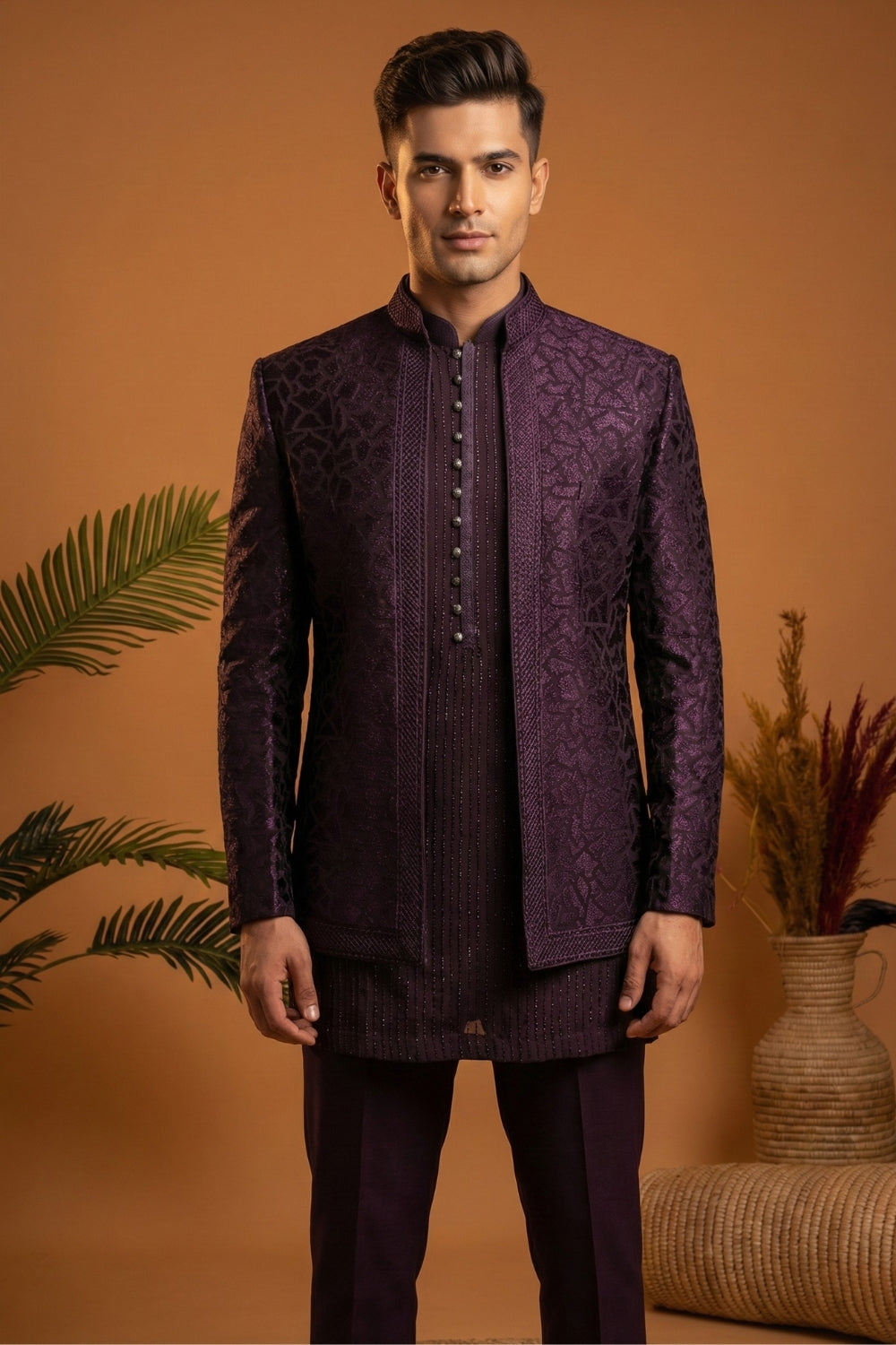Wine Imported Jodhpuri Set with Sequins and Embroidery Work
