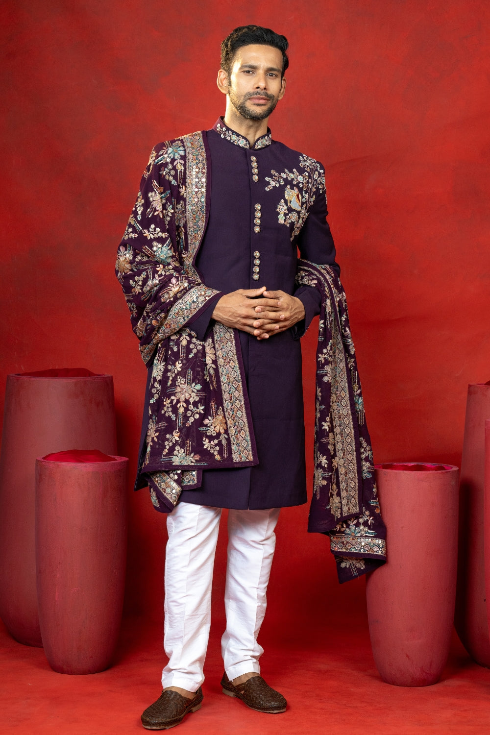 Wine Imported Nawabi with Sequins and Resham Embroidery