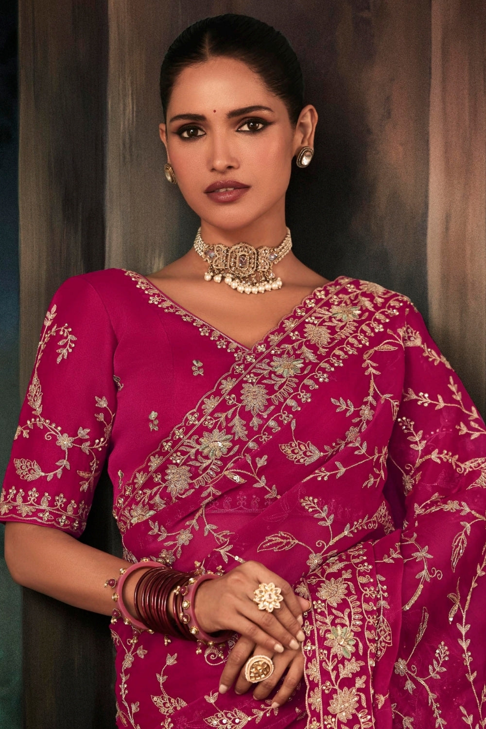 Wine Organza Tissue Saree with Embroidery and Sequins Work