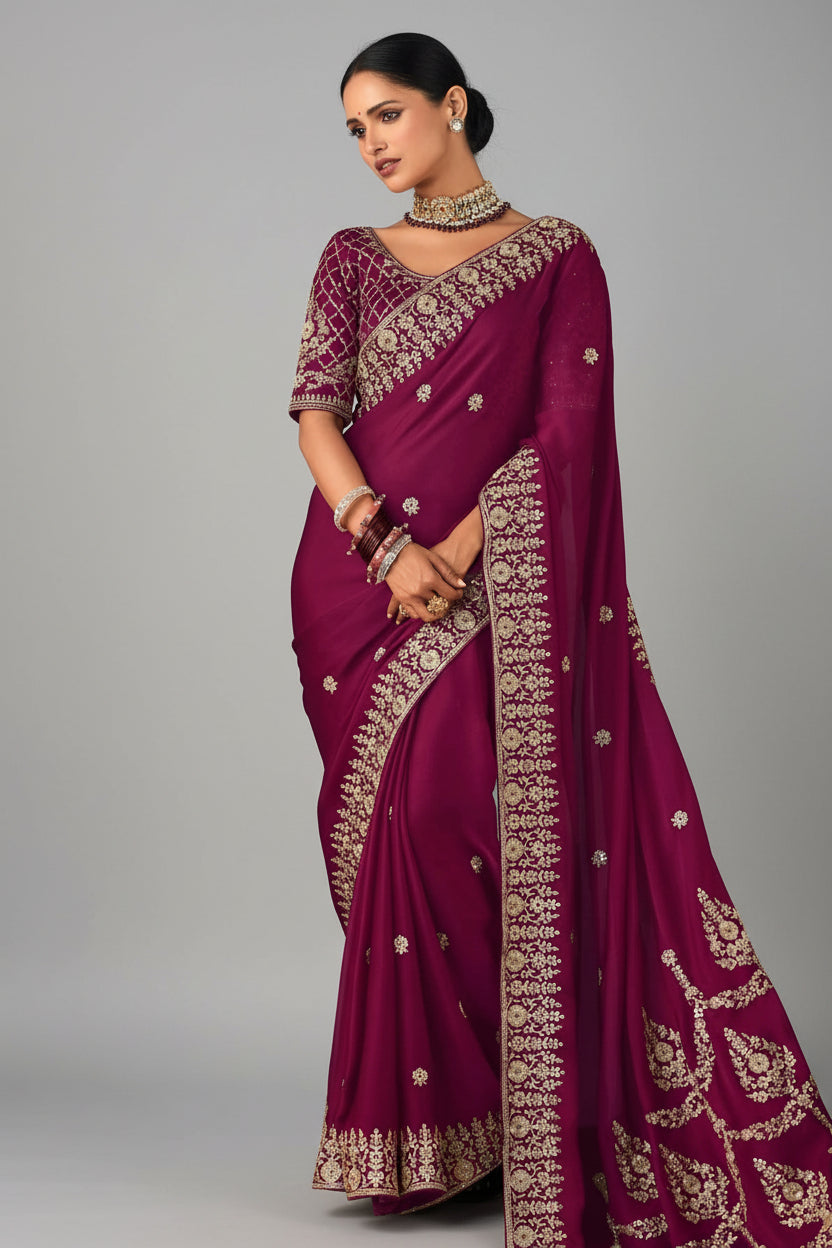 Wine Organza Tissue Saree with Embroidery and Sequins Work