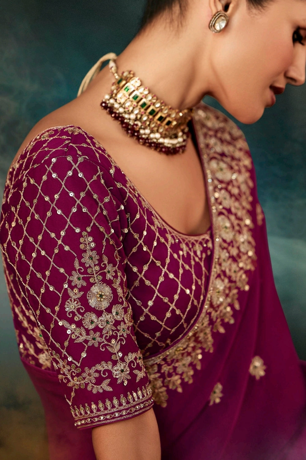 Wine Organza Tissue Saree with Embroidery and Sequins Work