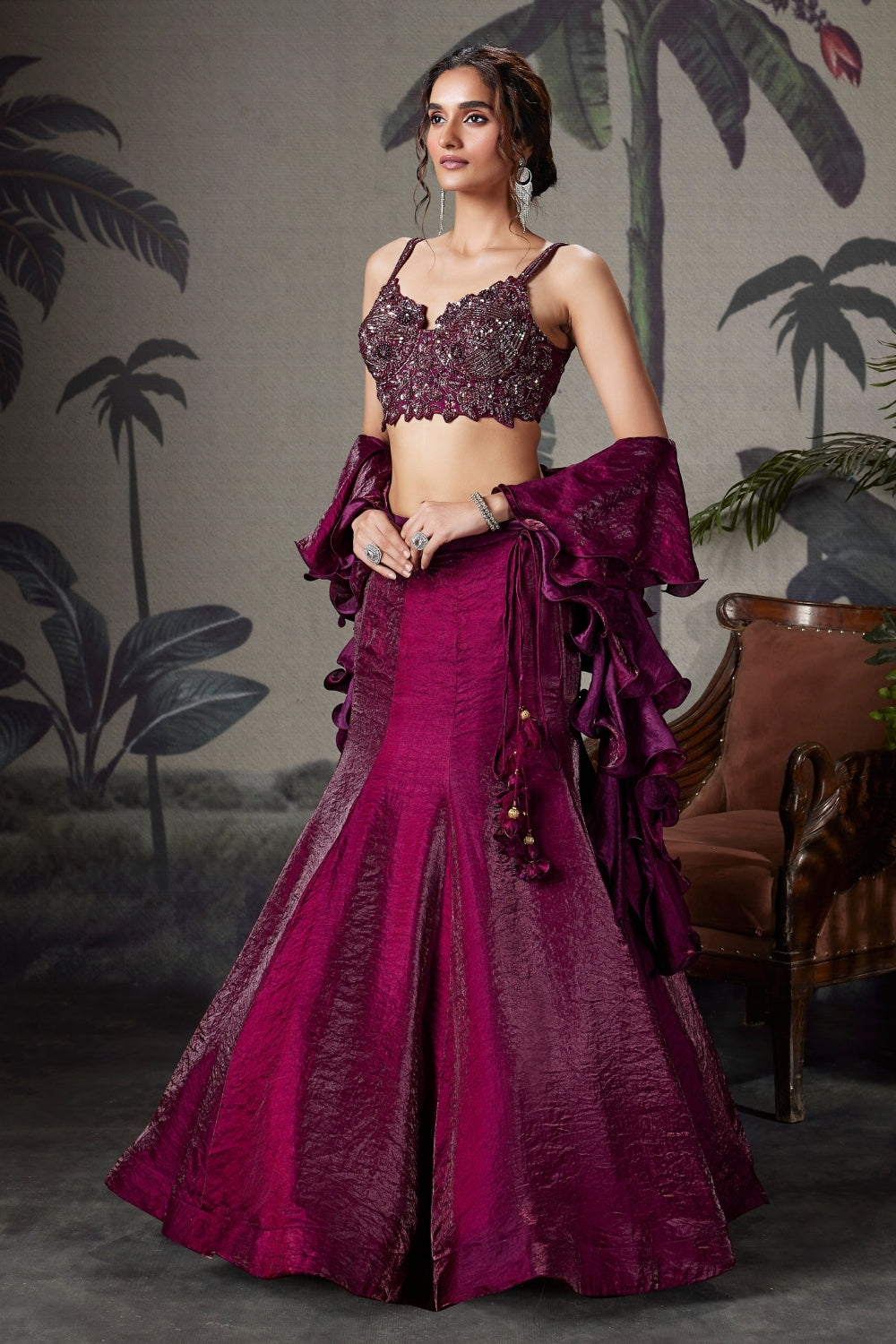 Wine Silk Fish-Cut Lehenga Set with Cutdana and Beads Work