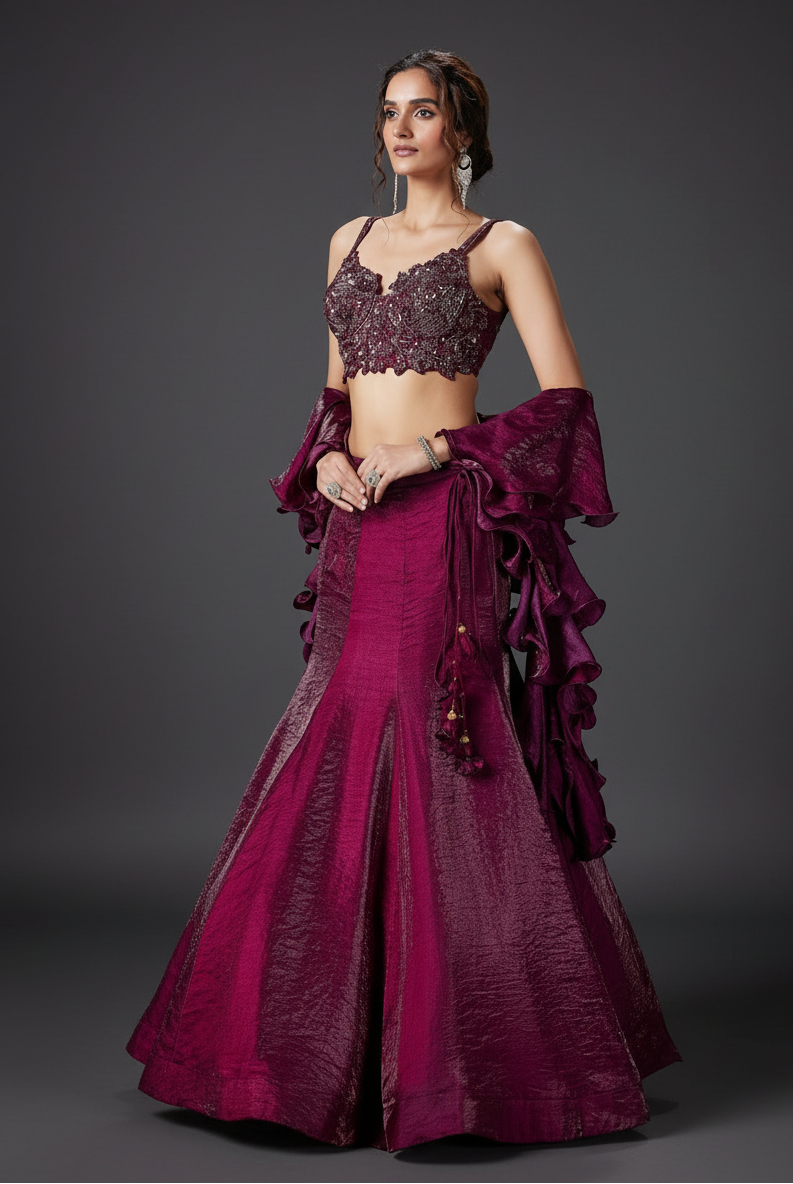 Wine Silk Fish-Cut Lehenga Set with Cutdana and Beads Work