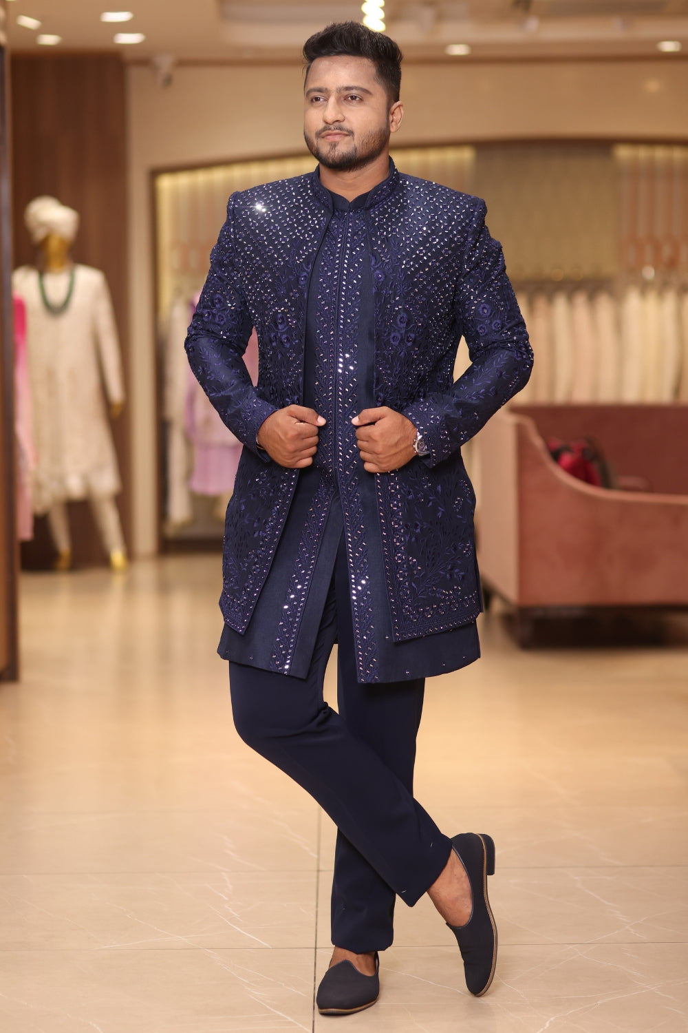 Dark Blue Silk Indo Western with Mirror and Thread Embroidery