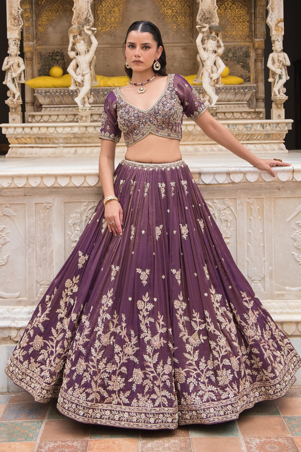 Wine Silk Tissue Silk Lehenga Set with Zardosi and Cutdana Work