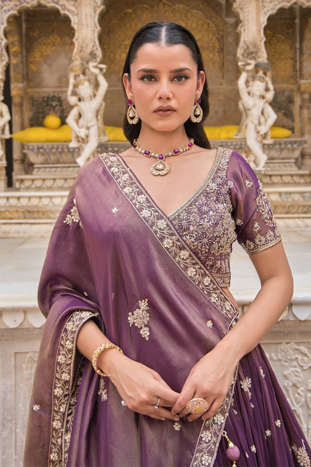 Wine Silk Tissue Silk Lehenga Set with Zardosi and Cutdana Work