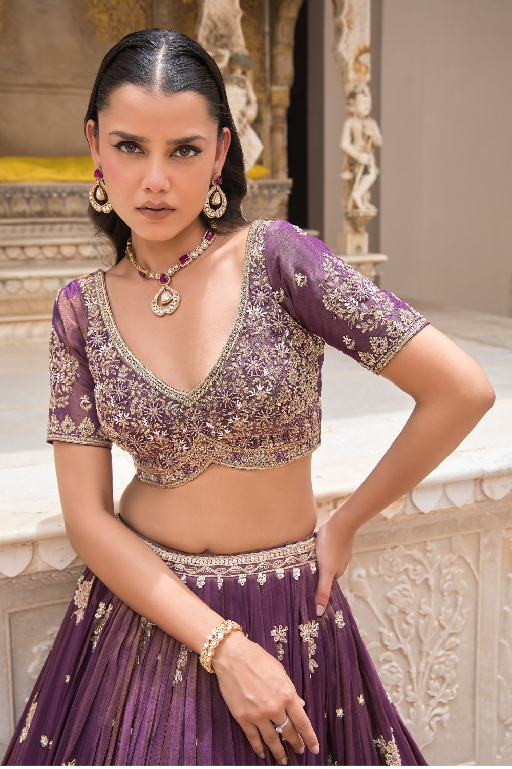 Wine Silk Tissue Silk Lehenga Set with Zardosi and Cutdana Work