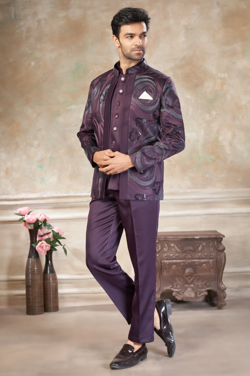 Wine Imported Jodhpuri Set with Embroidery and Sequins Work