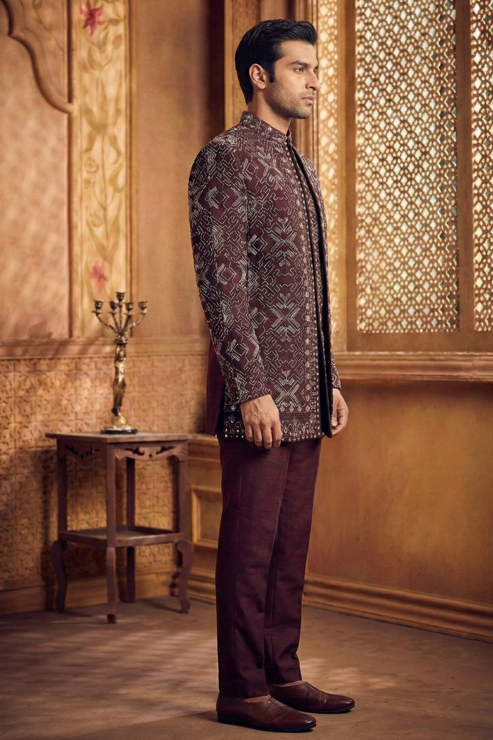 Wine Silk Indo Western with Cutdana and Moti Work