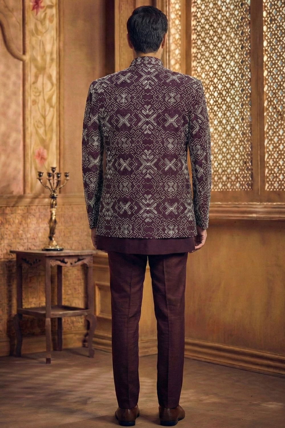 Wine Silk Indo Western with Cutdana and Moti Work