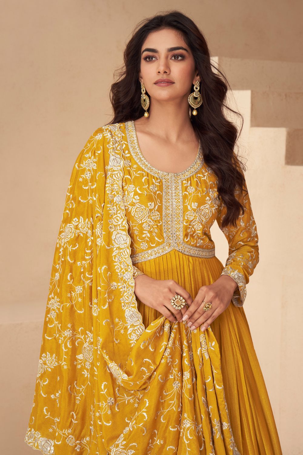 YELLOW CHINON ANARKALI SUIT WITH EMBROIDERY AND SEQUINS