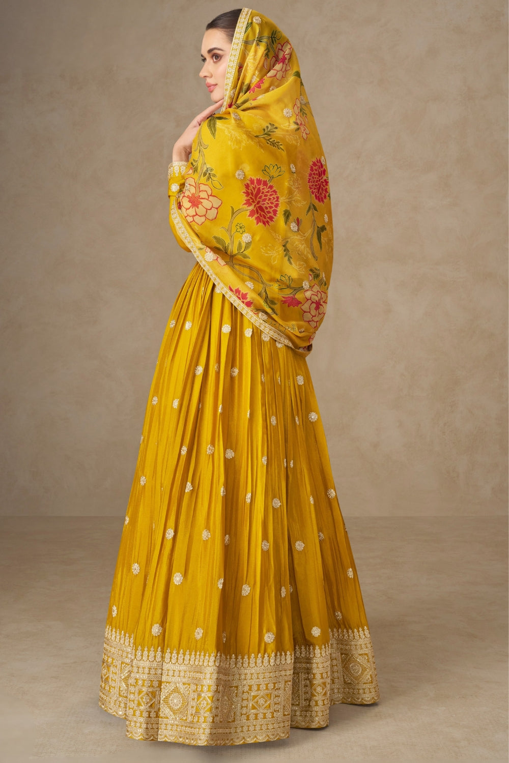 YELLOW CHINON ANARKALI SUIT WITH EMBROIDERY