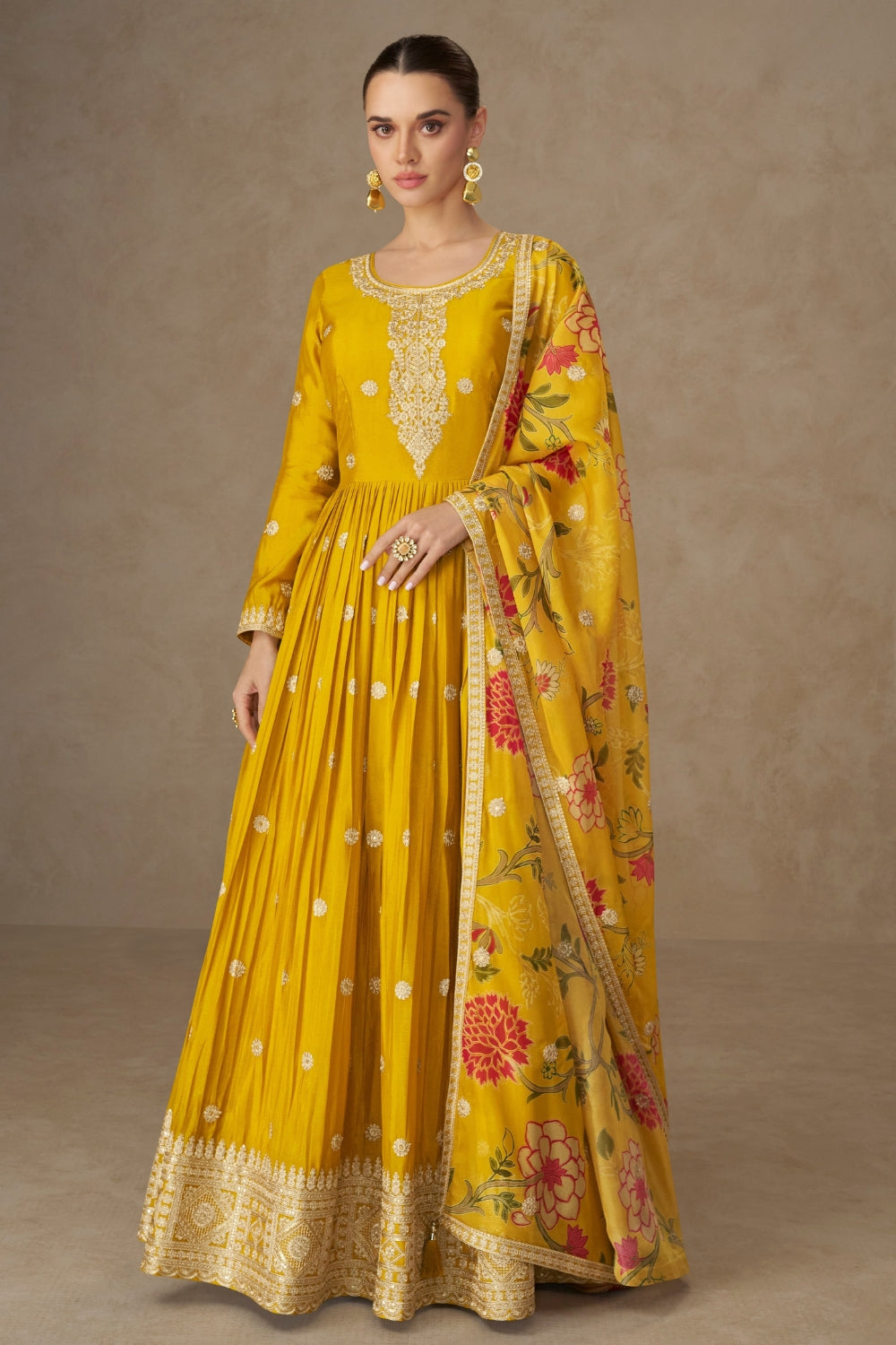 YELLOW CHINON ANARKALI SUIT WITH EMBROIDERY