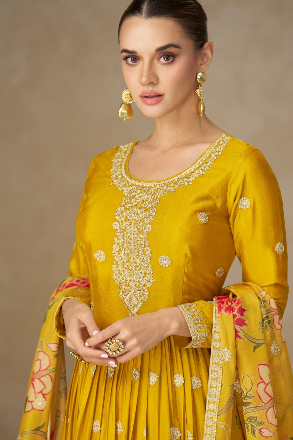 YELLOW CHINON ANARKALI SUIT WITH EMBROIDERY
