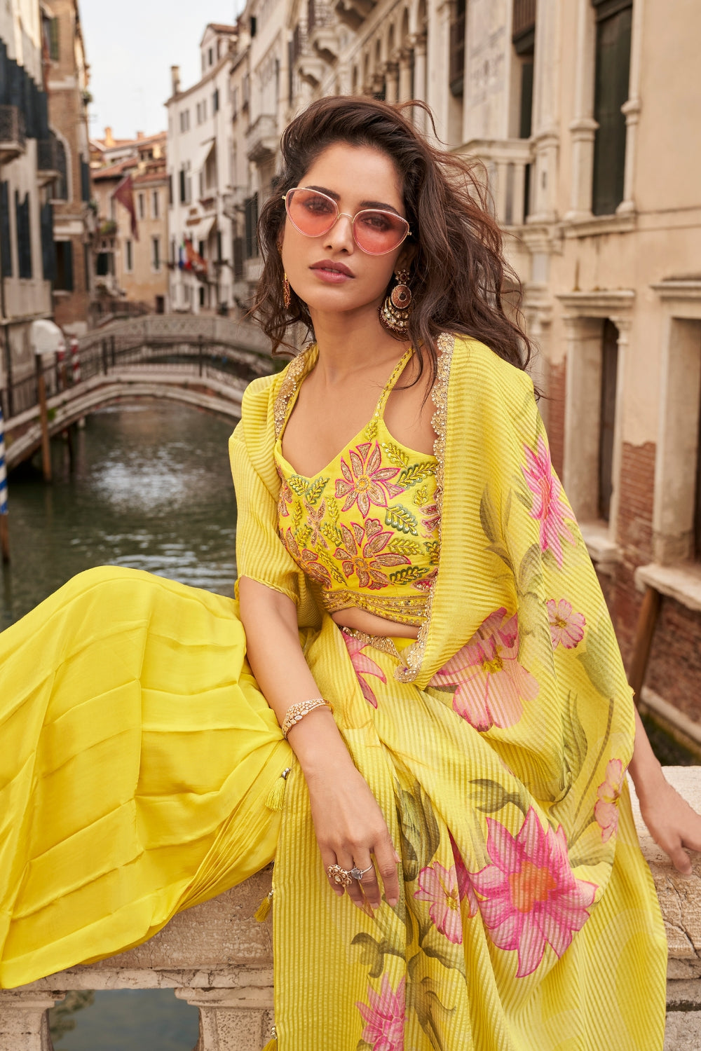 YELLOW CHINON SILK INDO WESTERN WITH CUTDANA AND MOTI