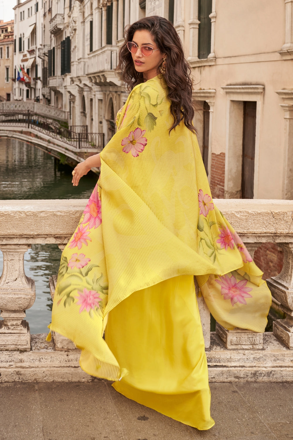 YELLOW CHINON SILK INDO WESTERN WITH CUTDANA AND MOTI