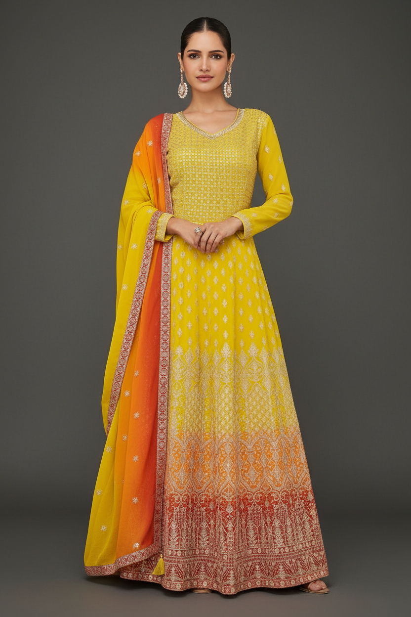 YELLOW GEORGETTE ANARKALI SUIT WITH EMBROIDERY AND SEQUINS WORK