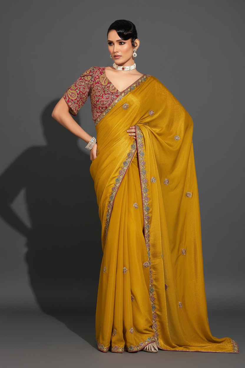 YELLOW SAREE WITH SEQUINS AND EMBROIDERY