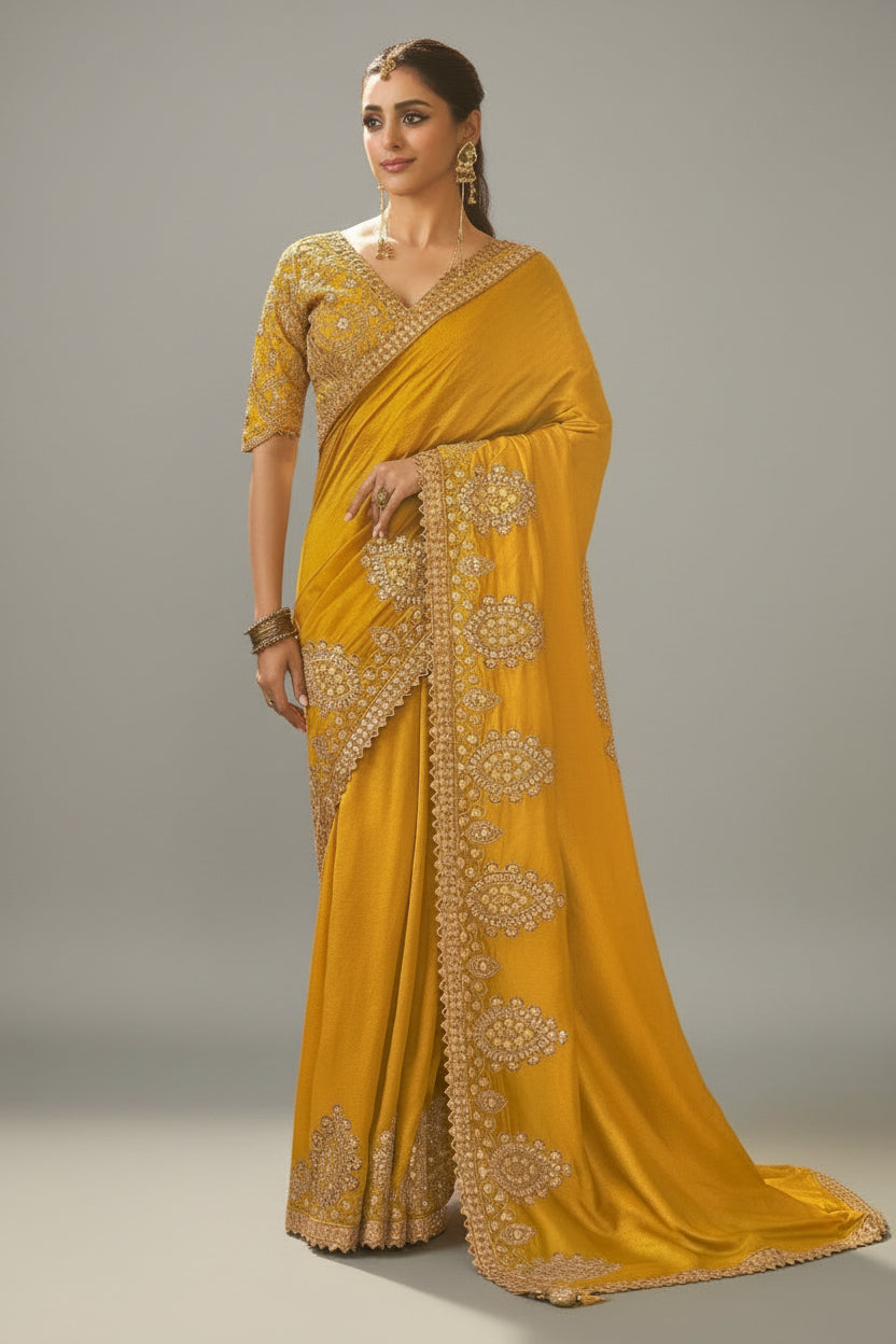Yellow Silk Saree with Embroidery and Sequins Work