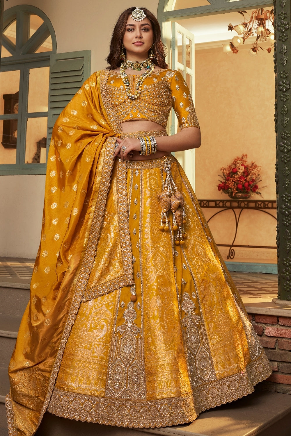 Yellow Banarasi Silk Lehenga Set with Embroidery and Stone Work