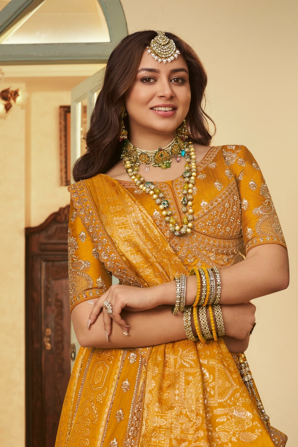 Yellow Banarasi Silk Lehenga Set with Embroidery and Stone Work