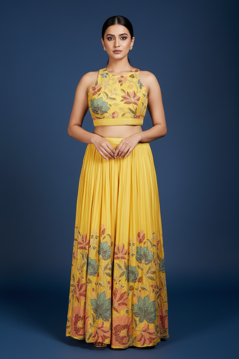 Yellow crepe Crop top and palazzo with sequin embroidery