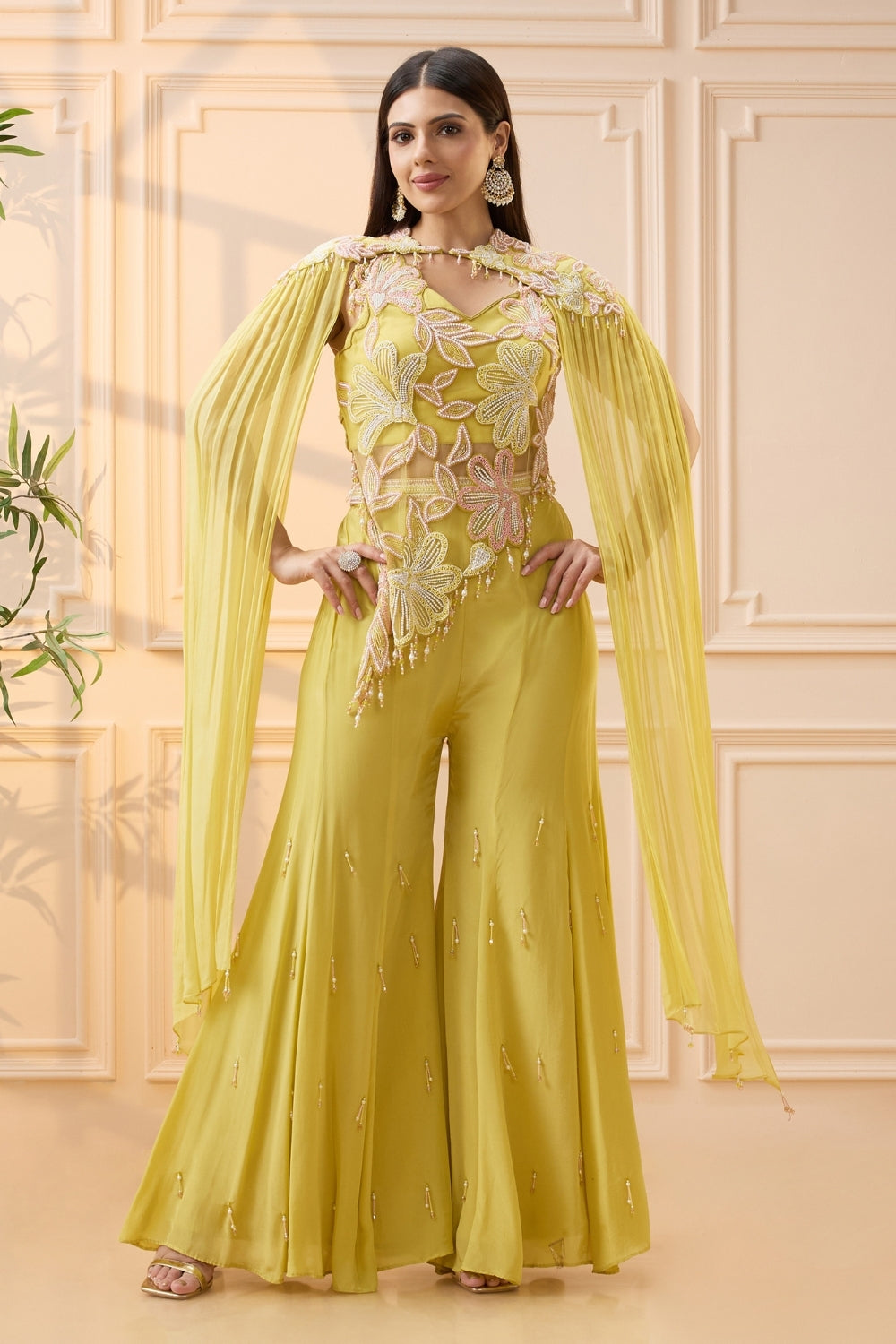 Yellow Crepe Silk Indo Western with Moti Work