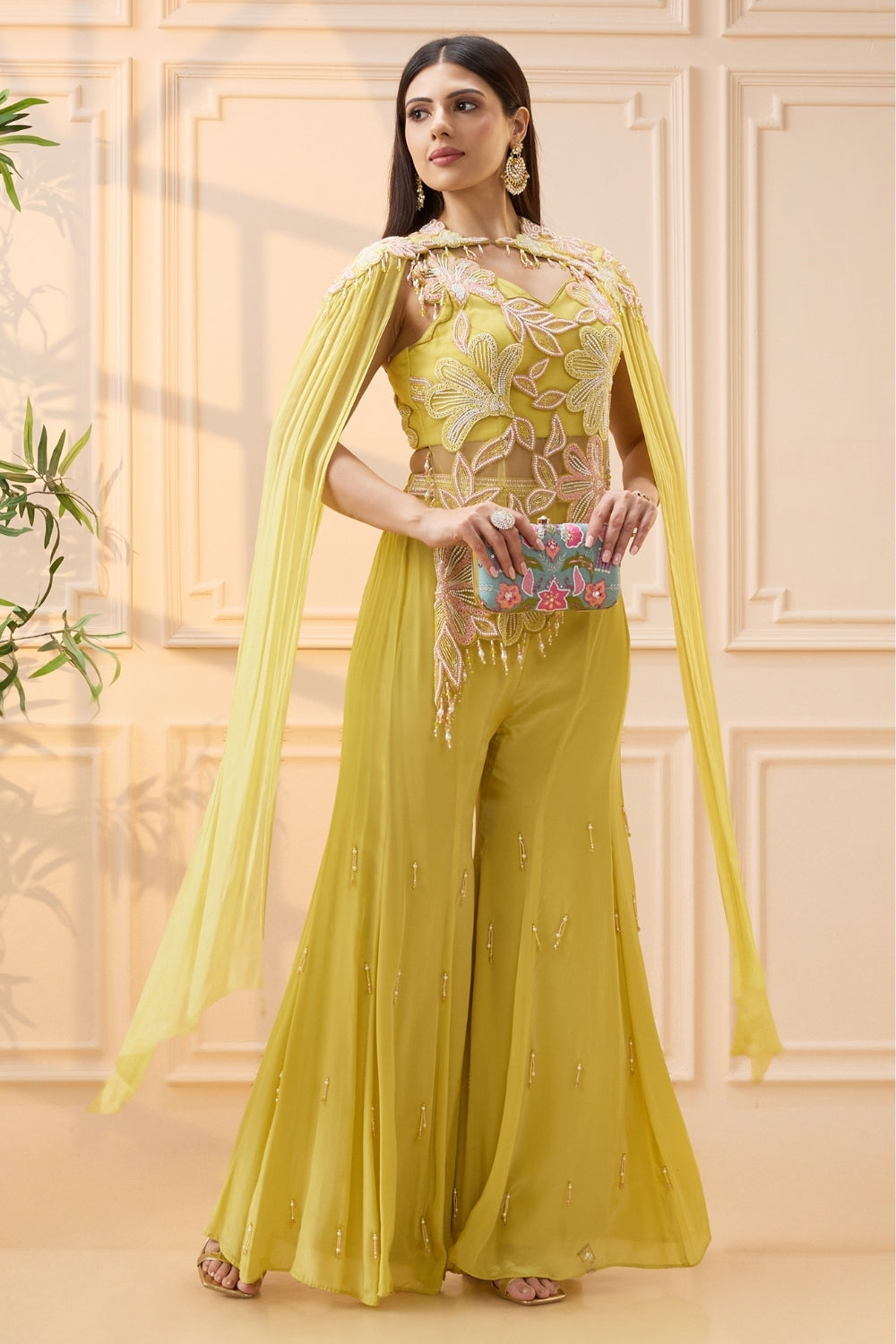 Yellow Crepe Silk Indo Western with Moti Work