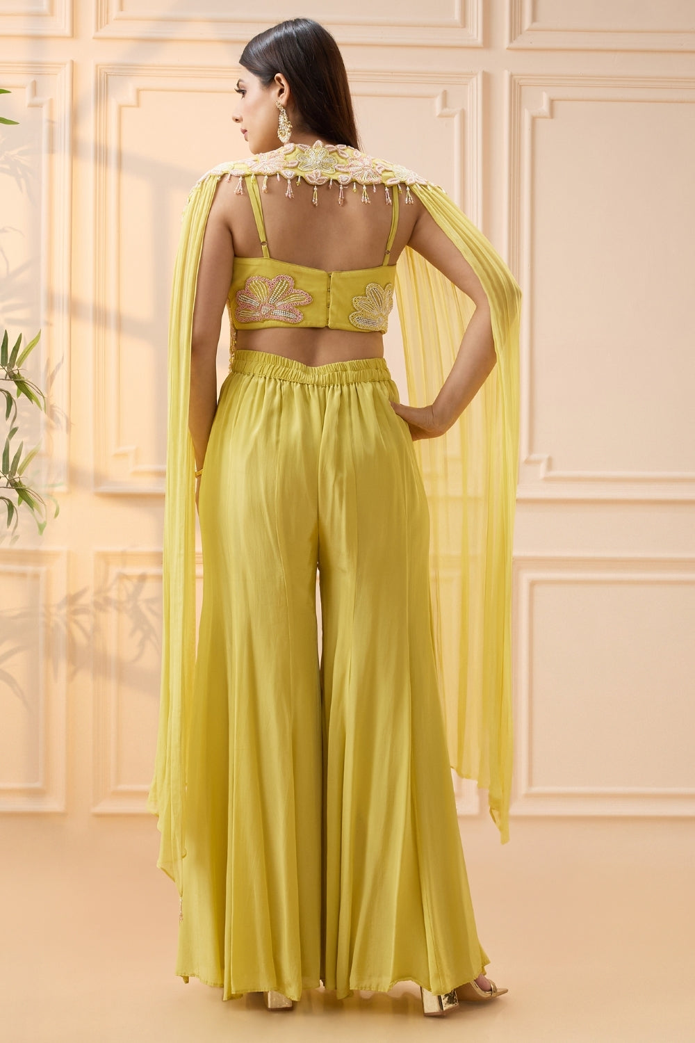 Yellow Crepe Silk Indo Western with Moti Work