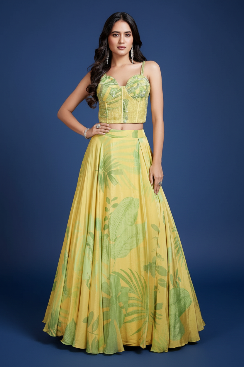 Yellow Crepe Silk Lehenga With Floral Printed