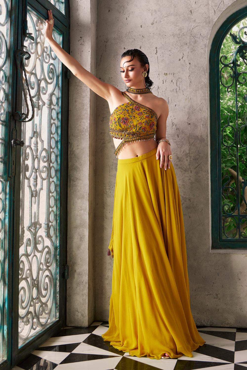 Yellow Georgette Anarkali Set with Cutdana and Beads Work