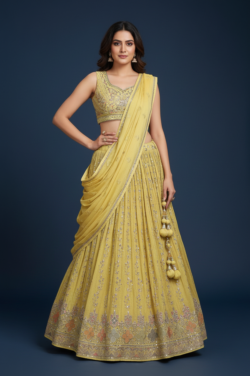 Yellow Georgette Lehenga Choli with Sequins and Resham Embroidery