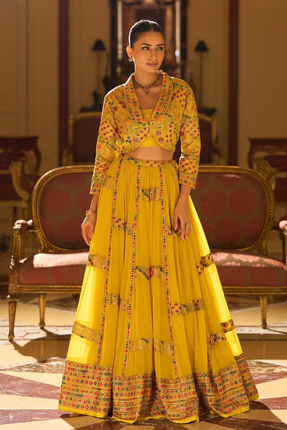 Yellow Georgette Lehenga Set with Resham Embroidery and Sequins Work