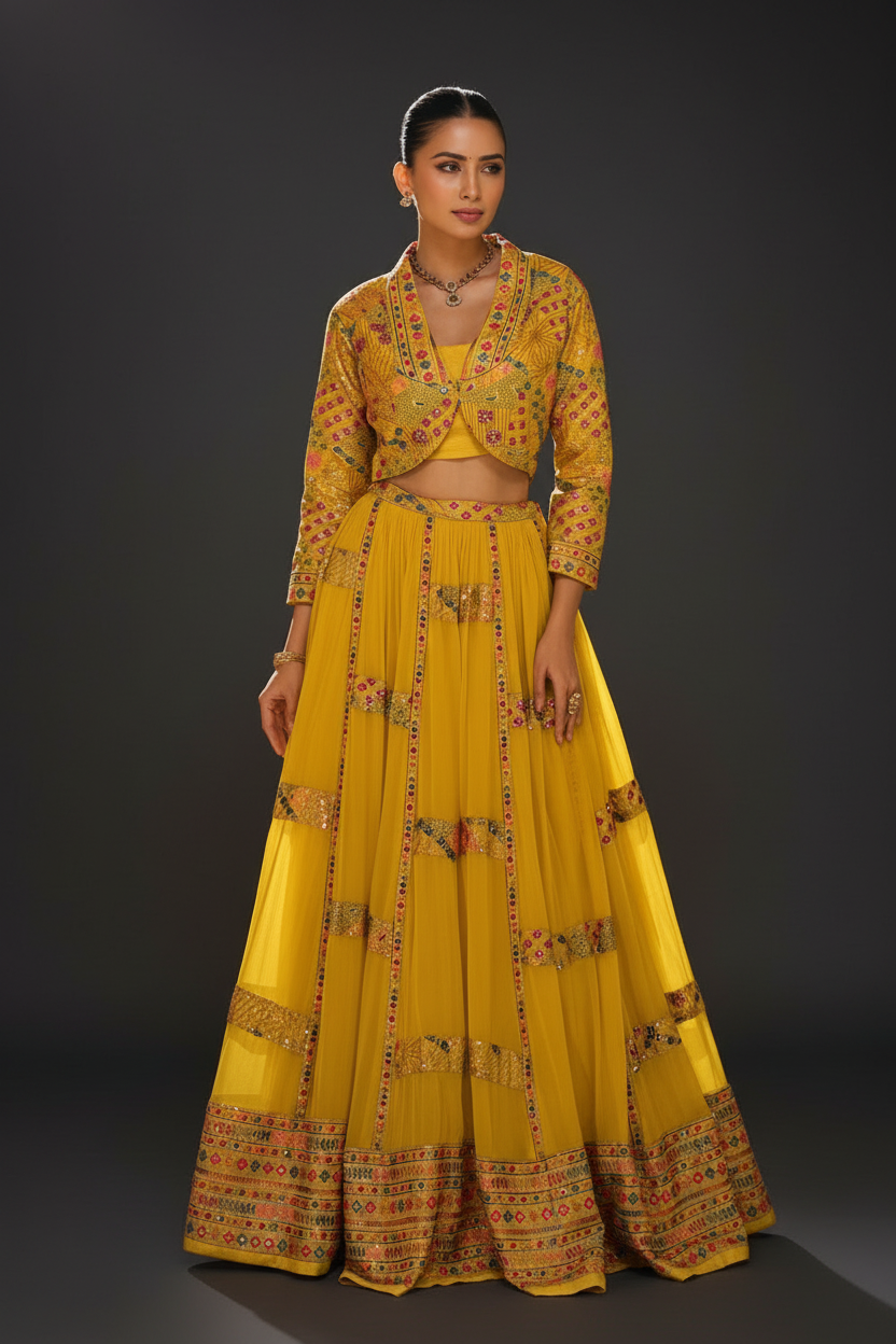 Yellow Georgette Lehenga Set with Resham Embroidery and Sequins Work
