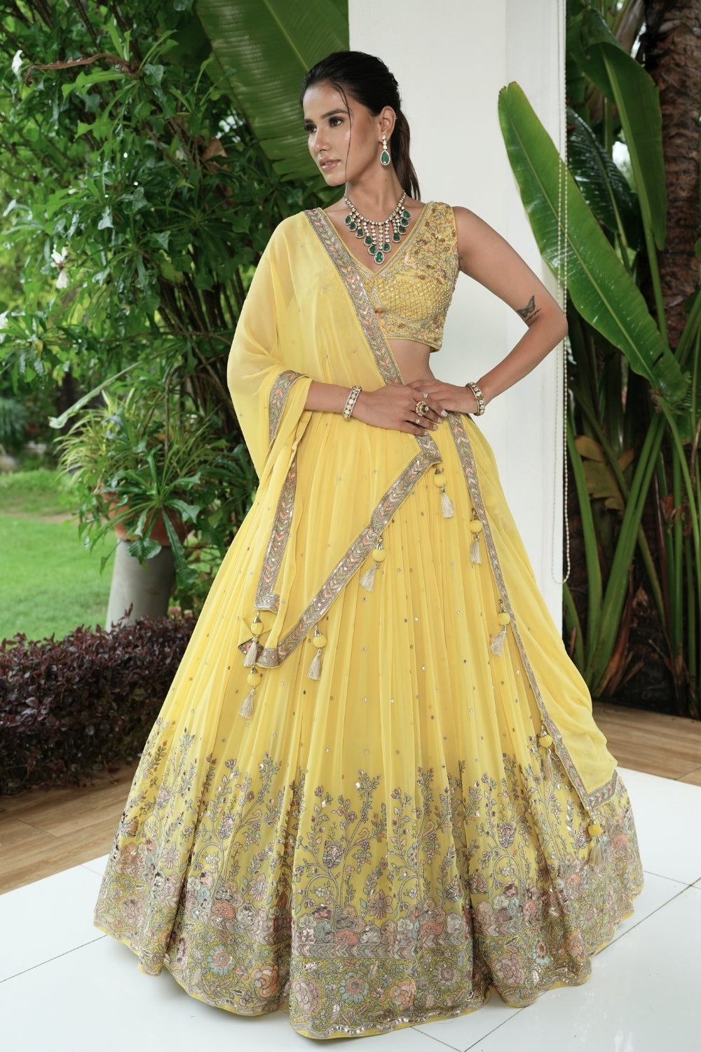 Yellow Georgette Lehenga Set with Zardosi and Moti Work