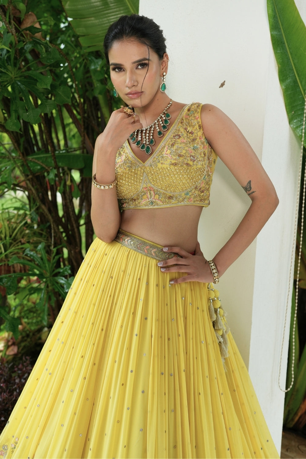 Yellow Georgette Lehenga Set with Zardosi and Moti Work