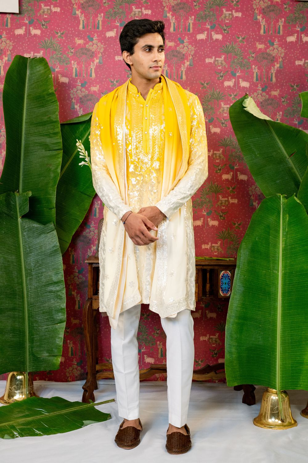 Yellow Georgette Kurta Set with Sequins Embroidery and Matching Dupatta