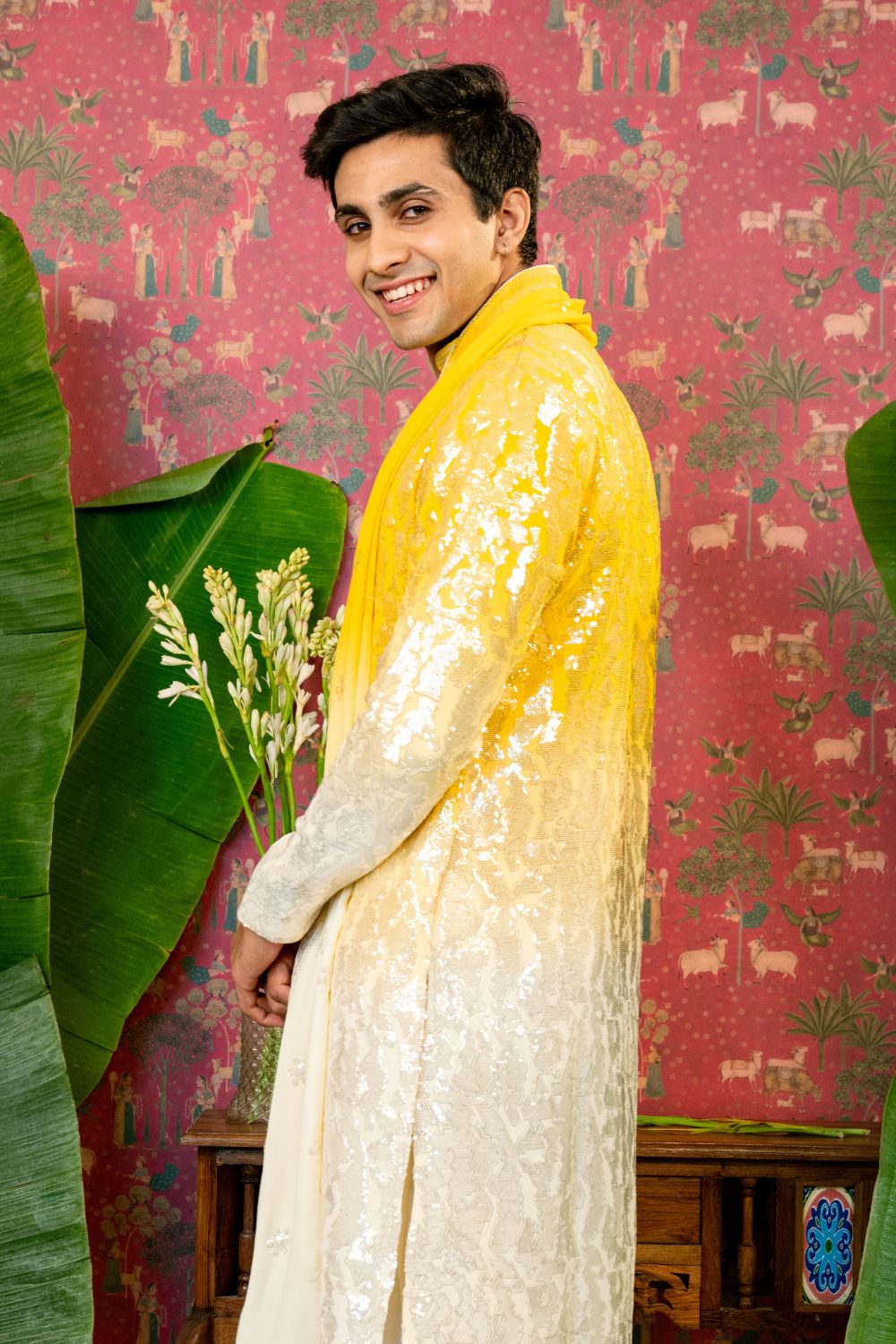 Yellow Georgette Kurta Set with Sequins Embroidery and Matching Dupatta