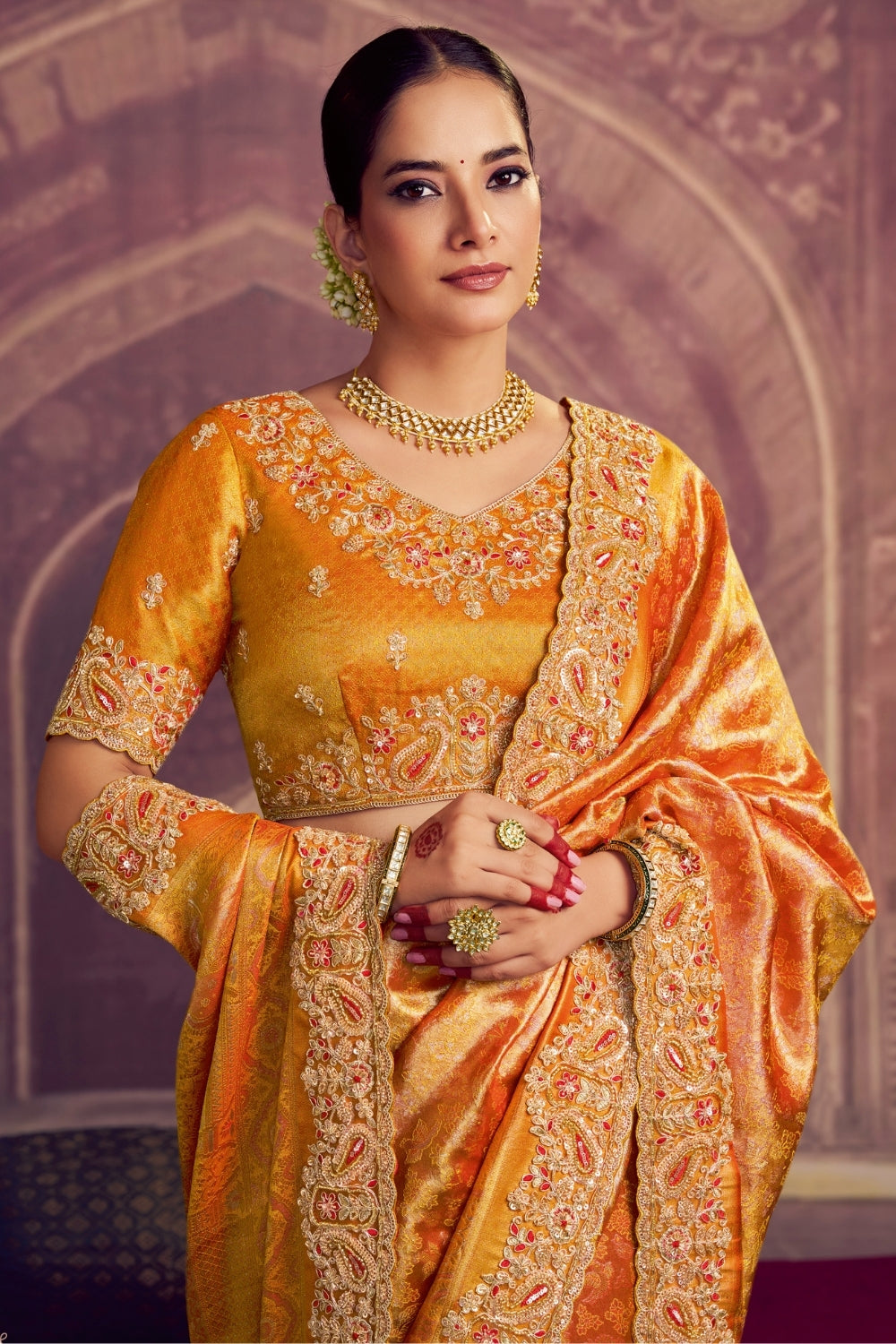 Yellow Kanjiwaram Silk Saree with Cutdana and Moti Work