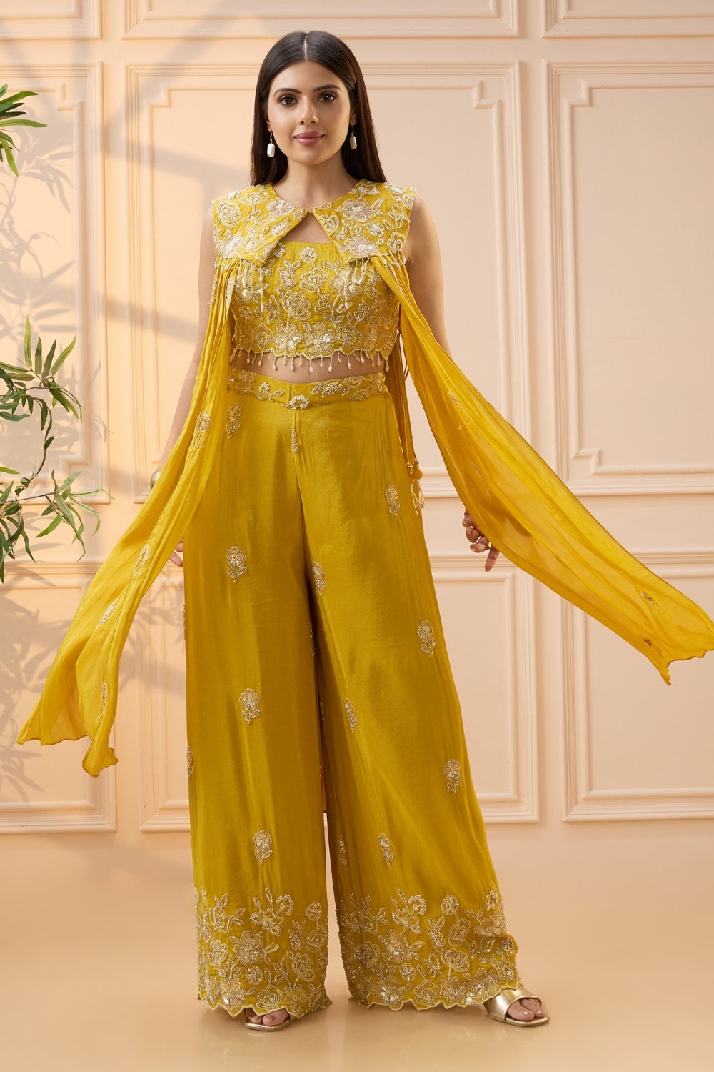 Yellow Crepe Silk Palazzo Set with Cutdana and Moti Work