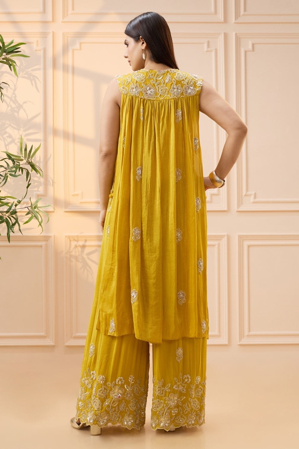 Yellow Crepe Silk Palazzo Set with Cutdana and Moti Work