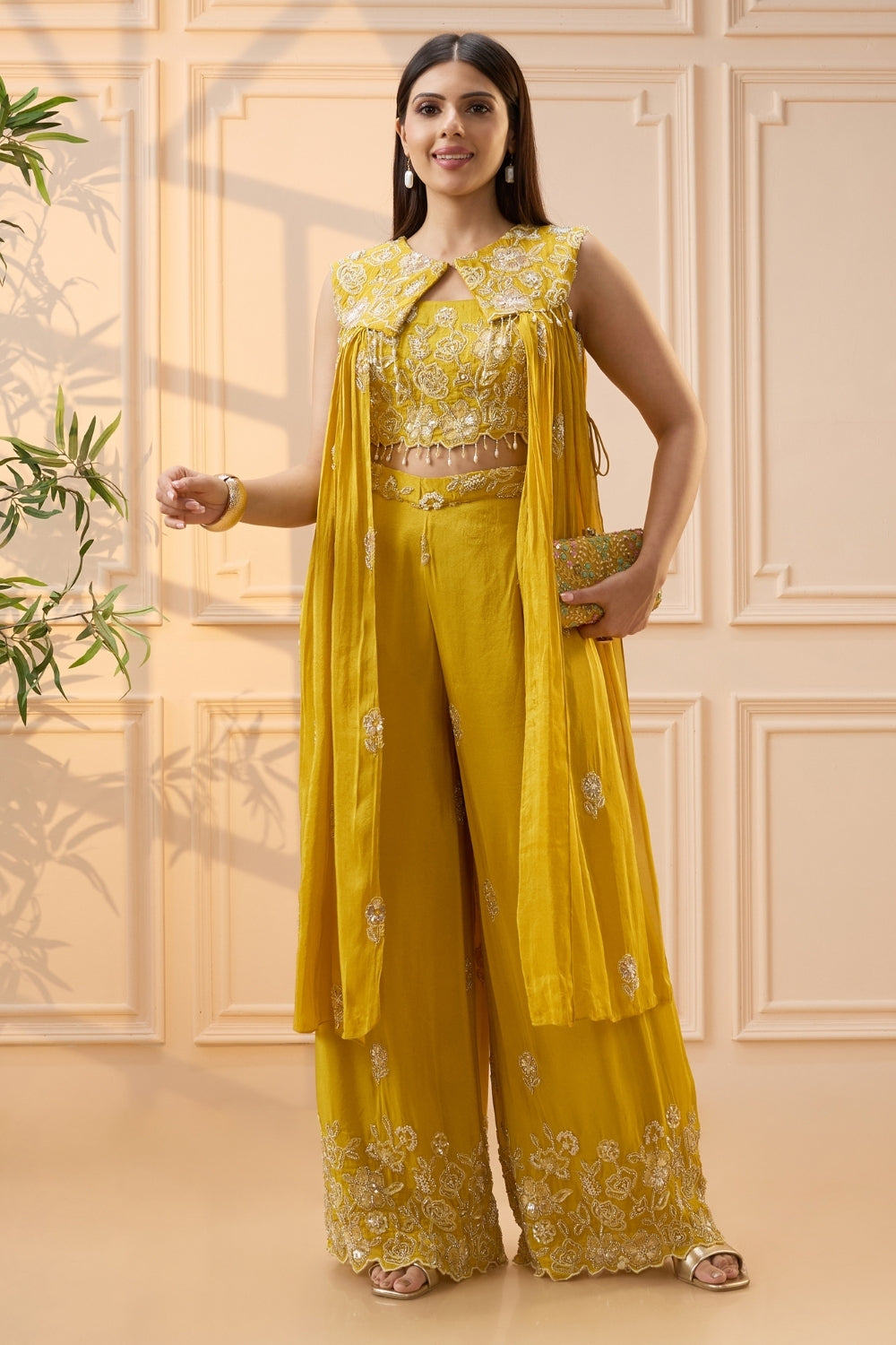 Yellow Crepe Silk Palazzo Set with Cutdana and Moti Work